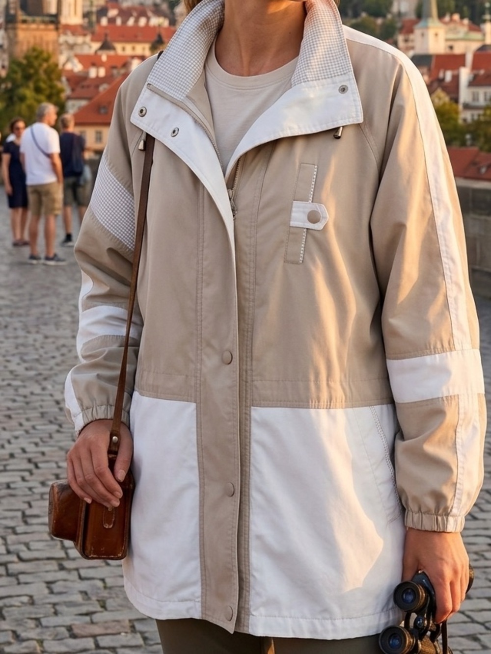 Vintage Tan & White Utility Jacket with Colorblock And Gingham Detail